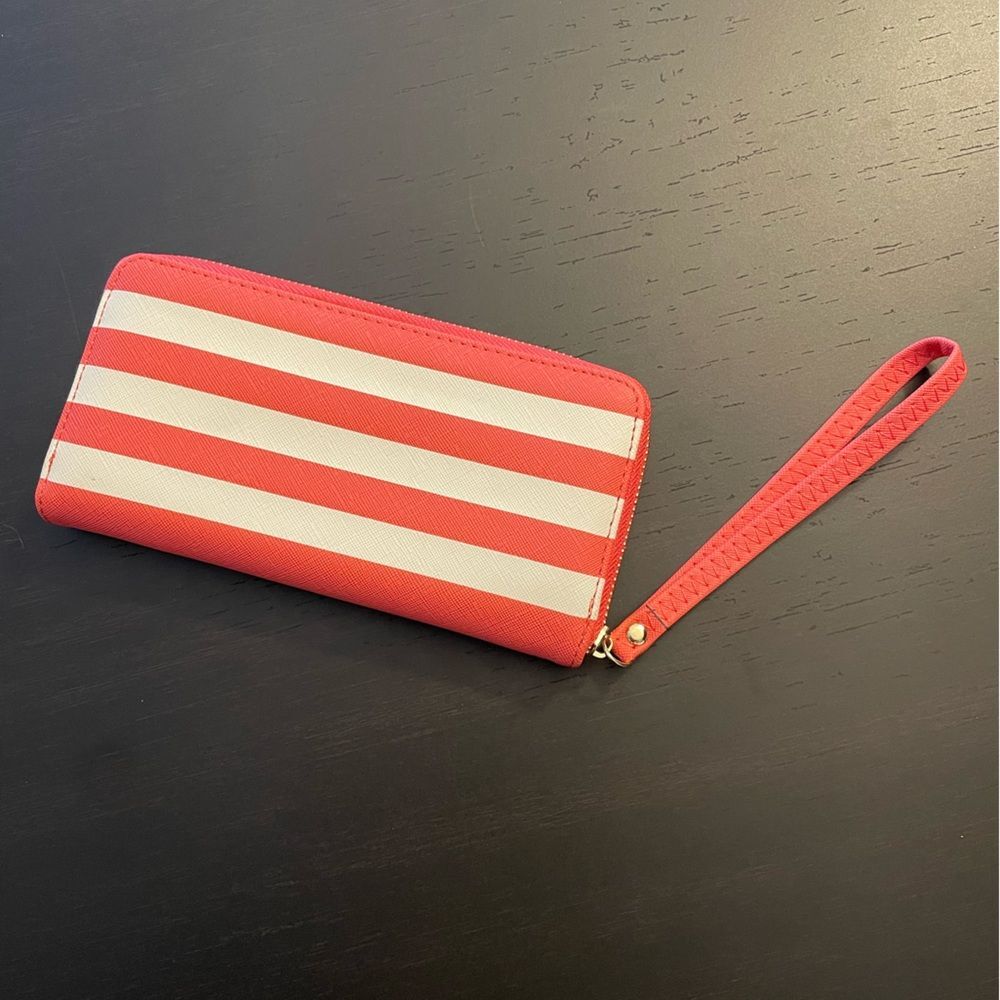 Salmon Coral Pink and White Stripe Wallet Wristlet No Brand